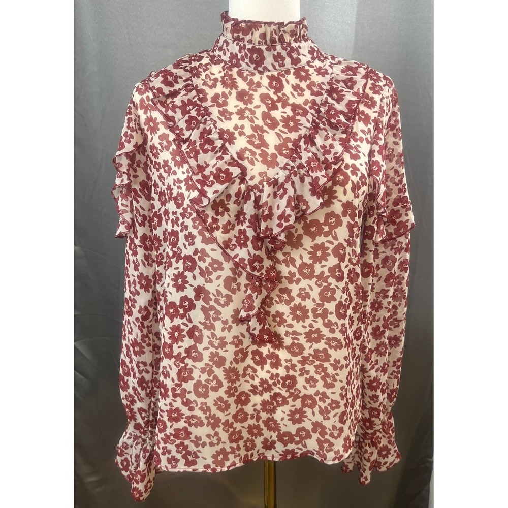 Unbranded Sheer Red Floral Cottagecore Blouse Ruffle Pearl High Neck Medium